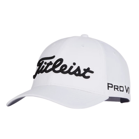 The Titleist Tour Performance Cap is a white golf cap with a curved brim, featuring bold black Titleist script on the front and Pro V1 on the side, made from lightweight performance fabric for comfort.