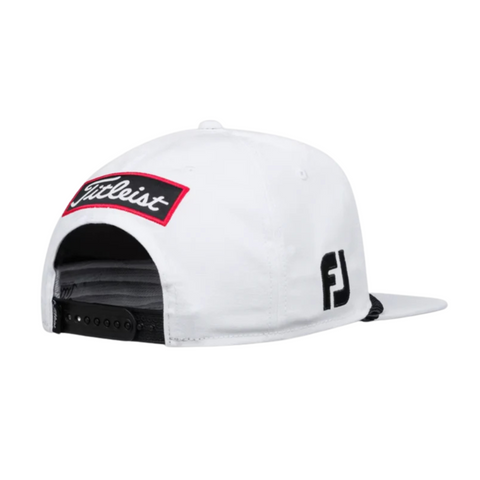 The Titleist Tour Rope Flat Bill Cap in white features a black adjustable strap, red and black Titleist logo patch on the back, and a black FJ logo on the side—an ideal golf cap from Titleist.