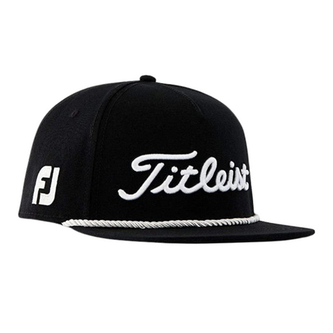 The Titleist Tour Rope Flat Bill Cap is a black flat bill hat with white script embroidery, featuring a stylish rope detail above the brim and an FJ logo on the side—a classic option for any golfer.