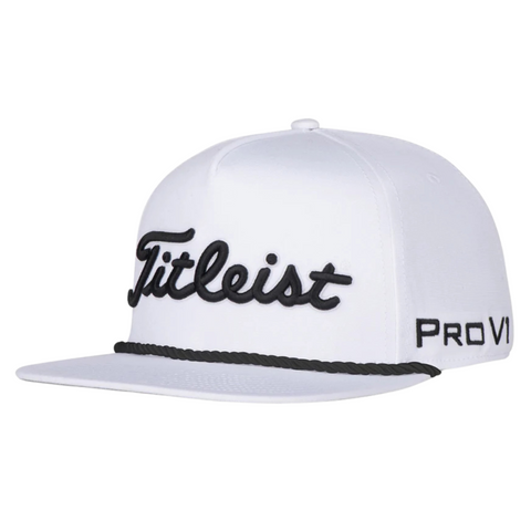 The Titleist Tour Rope Flat Bill Cap is a white golf hat with black script embroidery, Pro V1 stitched on the side, and a braided rope across the brim—perfect for golfers seeking style and quality from Titleist.