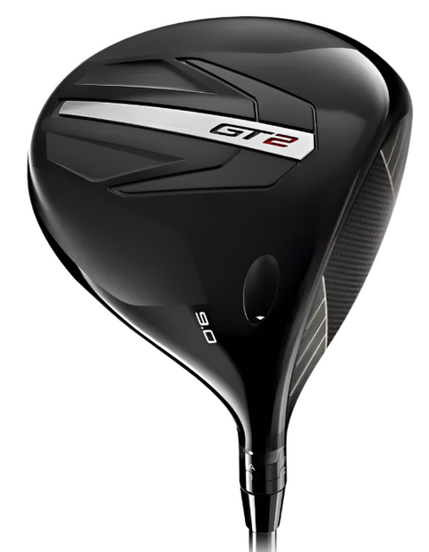 A close-up of the glossy, black Titleist Women's GT2 Driver by Titleist shows its silver and red design with a 9.0 marking near the hosel; this lightweight driver has a reflective surface for a sleek, modern look.