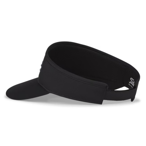 The Titleist Womens Sundrop Visor is a black visor with an adjustable strap and slightly curved brim. Featuring white Titleist embroidery on the side, it offers stylish sun protection for women golfers.