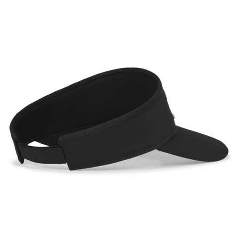 The Titleist Womens Sundrop Visor is a black golf visor featuring an adjustable strap and a curved brim for sun protection, shown on a white background.