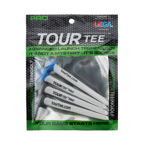 A resealable pack of Tour Tee branded Tour Tees includes four durable white tees marked with tourtee.com, labeled with product details and golf association approvals, designed for consistent ball height.