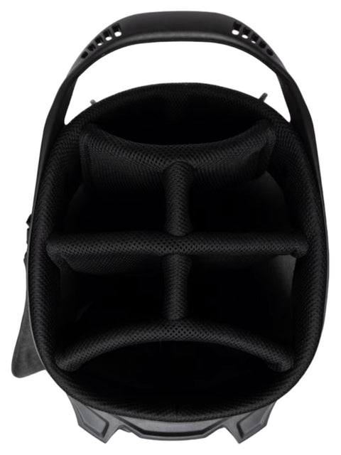 Top-down view of the Travis Mathew Golf BYOB Stand Bag in heather dark grey, featuring five padded club dividers, a sturdy handle, and mesh-lined compartments.