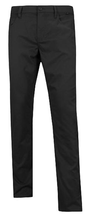 Travis Mathew Men's Open to Close Pants in black feature a slim fit, button and zip closure, side pockets, belt loops, and a plain design for all-day comfort and style, shown on a white background.