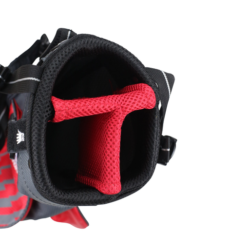 Top view of a golf bag with a black exterior and red padded dividers, featuring three compartments for organizing junior clubs such as the US Kids UL39 Junior Golf Package Set or other lightweight golf clubs.