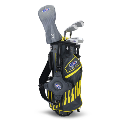 The US Kids UL42 Junior Golf Package Set features lightweight black and yellow clubs with club head covers, a bag with multiple zippered pockets, a shoulder strap, and club covers displaying a blue, red, and white logo.