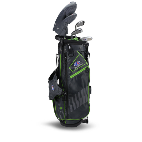 The US Kids UL57 Junior Golf Package Set by US Kids features a black and gray golf bag with green accents, headcovers, a side pocket with an attached glove, and upright standing design with visible zippers and compartments.