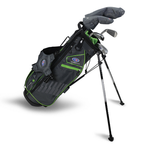 The US Kids UL57 Junior Golf Package Set (Left Handed) by US Kids features a black and green stand bag with multiple clubs and headcovers, displayed on retractable legs against a white background.