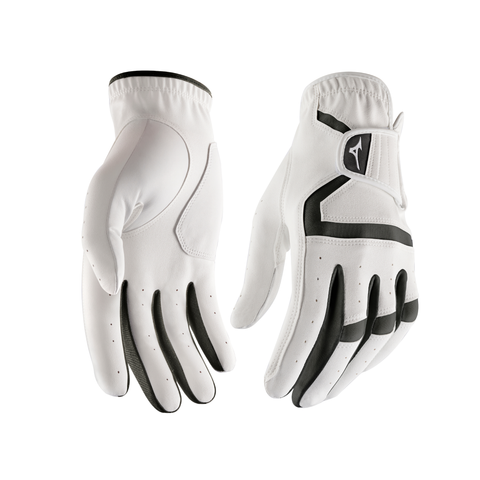 The Mizuno MX Men’s Cadet Glove in white, shown palm-up and palm-down with black finger and knuckle accents, is ideal for golfers who prefer cadet sizing.