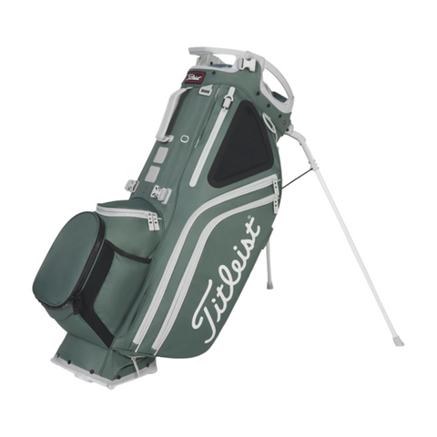 A Titleist Hybrid 14 Golf Bag in Eucalyptus, featuring a 14-way top divider, multiple zippered compartments, and dual legs for support, is shown against a white background.