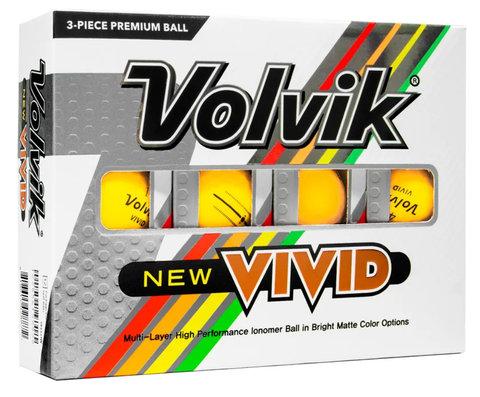 A box of Volvik Vivid Matte Golf Balls | Yellow displays four high-visibility yellow balls through clear windows, with bold Volvik branding on white packaging accented by colorful stripes.