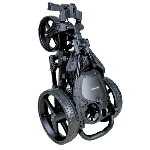 The Walkinshaw Swivel 4.0 Push Trundler in black features large rear wheels, a foldable, compact upright design, and is easy to store and transport.