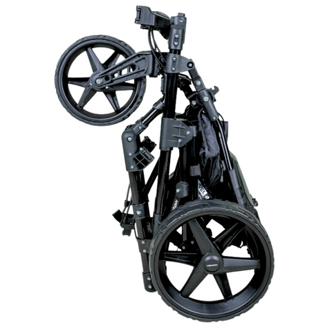 The Walkinshaw Swivel 4.0 Push Trundler | Black is pictured fully collapsed and upright, highlighting its large wheels and compact, foldable design for easy transport and storage.