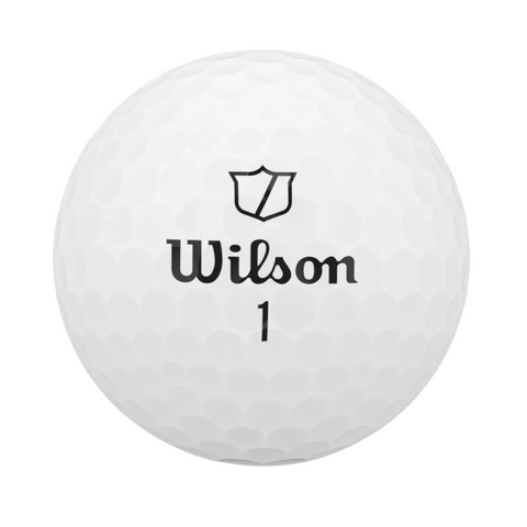The Wilson 2024 Staff Model Golf Ball is a white, tour-performance ball by Wilson with dimples, a shield logo, and black number 1—ideal for golfers seeking premium play.