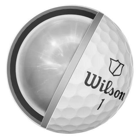 A Wilson 2024 Staff Model Golf Ball by Wilson is shown cut open, exposing its inner core and layered construction. The dimpled surface and interior showcase the advanced tour performance design of this golf ball.