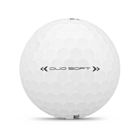 The Wilson 2025 DUO Soft Golf Ball, in white with dimples and DUO SOFT printed in black plus decorative black arrows, delivers an ultra-soft feel for maximum distance.