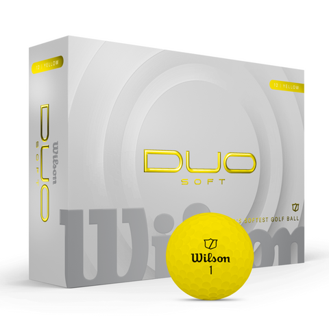 A yellow Wilson 2025 DUO Soft Golf Ball marked Wilson 1 sits in front of a gray and white box with yellow accents, featuring text about its ultra-soft feel for maximum distance on every swing.