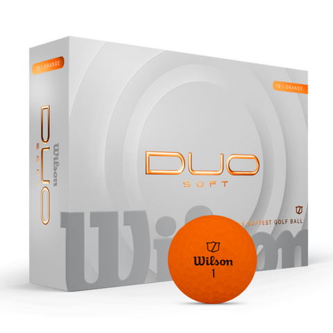A box of Wilson 2025 DUO Soft Golf Balls with orange accents and an orange Wilson 1 ball in front, featuring the latest design for maximum distance and an ultra-soft feel on every shot.