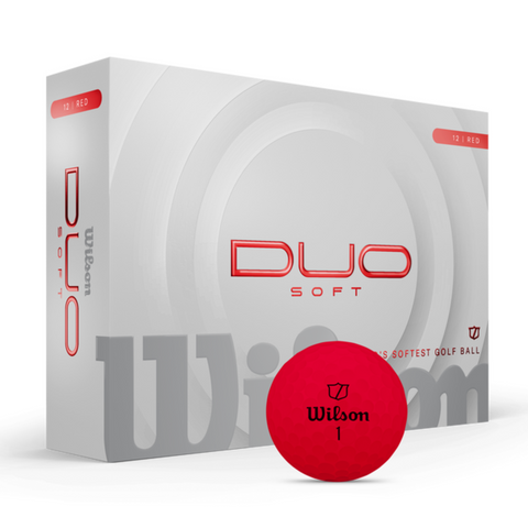 A box of Wilson 2025 DUO Soft Golf Balls in white with red accents is shown, next to a red golf ball marked with the Wilson logo and number 1, made for ultra-soft feel and maximum distance.