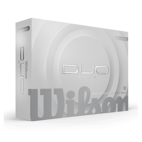 A white and silver box of Wilson 2025 DUO Soft Golf Balls with bold Wilson branding and DUO Soft text. The box holds 12 white balls engineered by Wilson for ultra-soft feel and maximum distance.