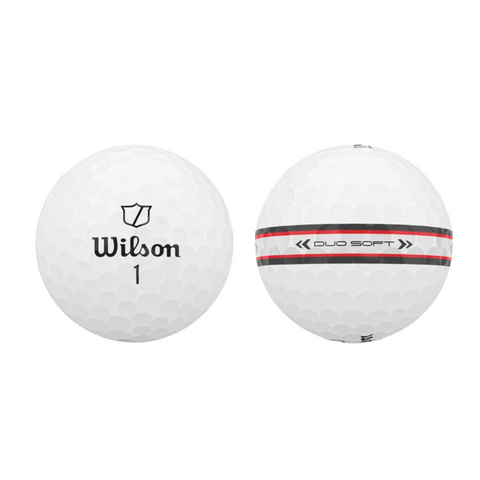 Two white Wilson 2025 DUO Soft TRK360 Golf Balls: one features the Wilson logo and number 1, while the other shows a black and red line with DUO SOFT encircled by chevrons for an ultra-soft feel and maximum distance.