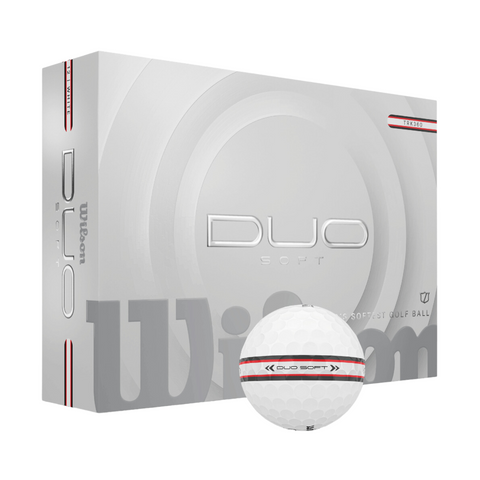 A box of Wilson 2025 DUO Soft TRK360 Golf Balls is shown with a white ball in front, displaying Wilsons branding and a red stripe. The gray and white packaging emphasizes the ultra-soft feel offered by these golf balls.