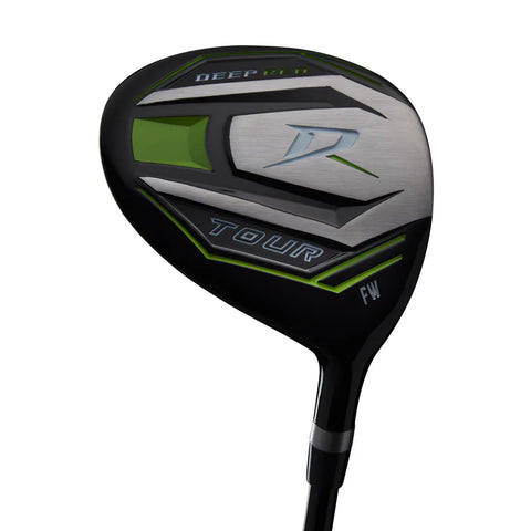 A close-up of the Wilson 2025 Deep Red Junior Set (5-8 Years, Green) golf driver shows a metallic face with green and black accents and TOUR plus FW printed on the head.