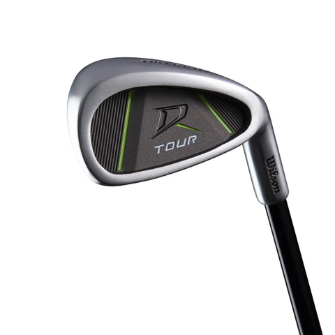 A close-up of a Wilson 2025 Deep Red Junior Set iron for ages 5-8, showing the stylish green accents, metallic finish, and D logo—ideal for young golf enthusiasts.