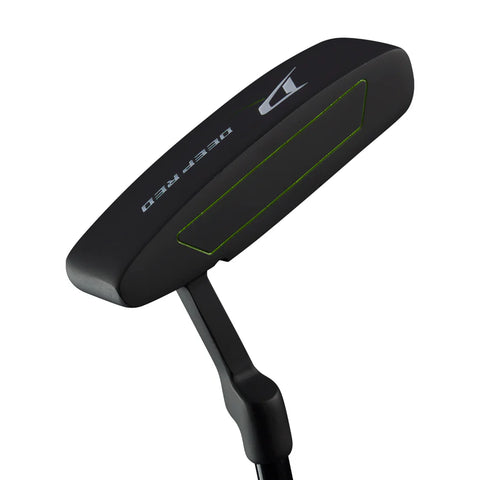 A close-up of the Wilson 2025 Deep Red Junior Set putter for ages 5-8, showing a green-lined face insert and DEEP RED branding—ideal for young golfers.