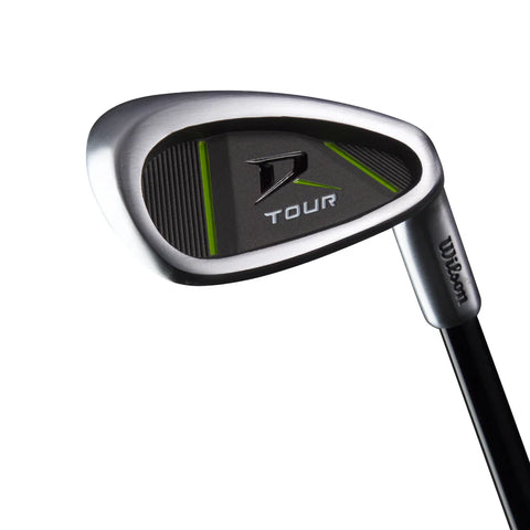 Close-up of a Wilson golf club iron with Tour branding and green accents from the Wilson 2025 Deep Red Junior Set – 5-8 Years Green, shown against a white background.
