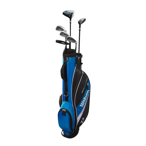 A blue and black Wilson 2025 Deep Red Junior Set golf bag for ages 9-12, containing drivers and irons, stands upright against a white background.