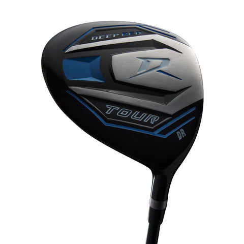 Close-up of the Wilson 2025 Deep Red Junior Set driver club head for ages 9–12, featuring a sleek black, silver, and blue design with DEEP RED, TOUR, and DR on the surface—ideal for junior golfers.