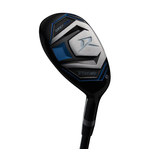 A close-up of a Wilson 2025 Deep Red Junior Set club head with DEEP RED, TOUR, and an R logo in black, silver, and blue—ideal for any junior golfer aged 9-12.