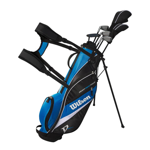 The Wilson 2025 Deep Red Junior Set (9-12 Years, Blue) is a kids golf set featuring a blue, black, and white Wilson bag with shoulder straps, stand, and multiple clubs—perfect for young players seeking quality equipment.