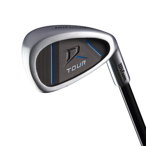 Close-up of a Wilson 2025 Deep Red Junior Set iron for ages 9-12 in blue, featuring D Tour branding, a silver and black head with blue accents, visible grooves, and the Wilson logo on the hosel.