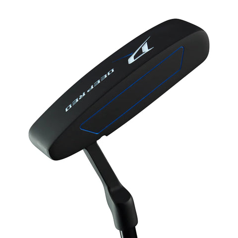 A close-up of the Wilson 2025 Deep Red Junior Set black putter head with blue accents and DEEP RED on the side. This sleek, modern club from Wilson is ideal for any junior set for ages 9-12.