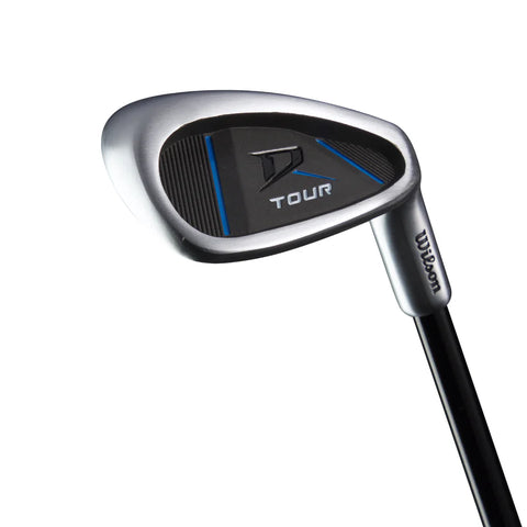 A close-up of the Wilson 2025 Deep Red Junior Set - 9-12 Years Blue iron, highlighting its black and silver clubhead with blue accents and TOUR marking—an excellent choice from Wilson for any kid’s golf set.