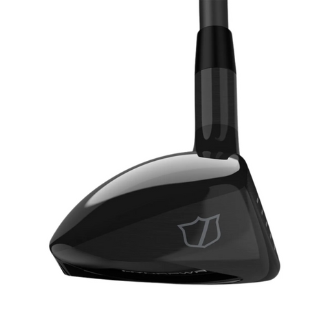 A close-up of the Wilson 2025 Dynapwr Hybrid | Left Handed golf club head by Wilson shows its polished black finish, shield logo, and partially visible shaft, emphasizing the club’s advanced AI face technology.