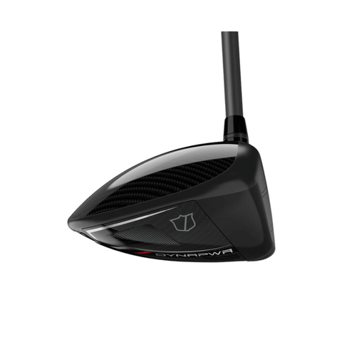 A close-up of the Wilson 2025 Dynapwr LS Driver club head showcases its sleek, reflective design and subtle emblem on a white background—ideal for golfers seeking a premium low spin driver from Wilson.