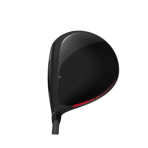 The Wilson 2025 Dynapwr LS Driver by Wilson features a sleek carbon fiber pattern and red accents on the clubhead, shown from above against a white background—ideal for golfers in NZ looking for a low spin driver.