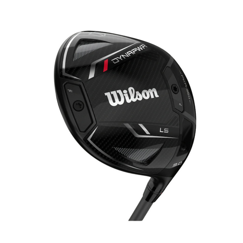 Close-up of the Wilson 2025 Dynapwr LS Driver clubhead, showcasing its black carbon fiber design with white and red accents—ideal for low spin performance and perfect for golf driver NZ fans, with the Wilson logo at the center.