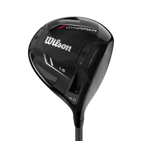 A close-up of the Wilson 2025 Dynapwr LS Driver head, a low spin driver with Wilson branding and crisp detailing on its sleek black and silver design.