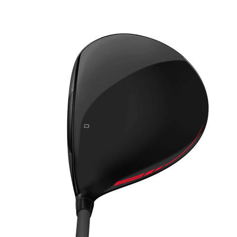 The Wilson 2025 Dynapwr Max Driver features a matte black head with subtle red accents, a small white alignment mark at center, and an attached shaft. This AI-powered driver by Wilson offers maximum forgiveness for golfers.