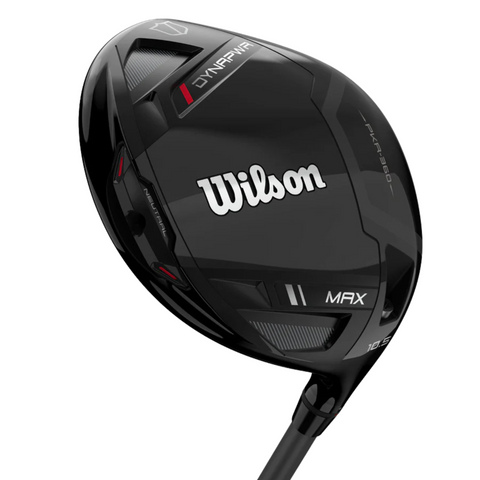 Close-up of the Wilson 2025 Dynapwr Max Driver clubhead in black with white and red accents, featuring the Wilson logo. This driver is engineered for maximum forgiveness thanks to advanced AI technology.
