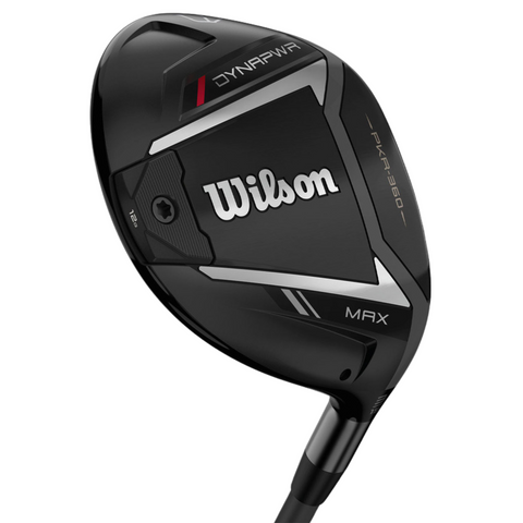 Close-up of the Wilson 2025 Dynapwr Max Fairway Wood club head, featuring brand and model details with silver, white, and red accents designed for maximum forgiveness and explosive distance.