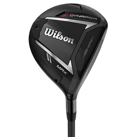 The Wilson 2025 Dynapwr Max Fairway Wood features a black, modern design with metallic accents and MAX and PKR350L markings, delivering explosive distance and maximum forgiveness.