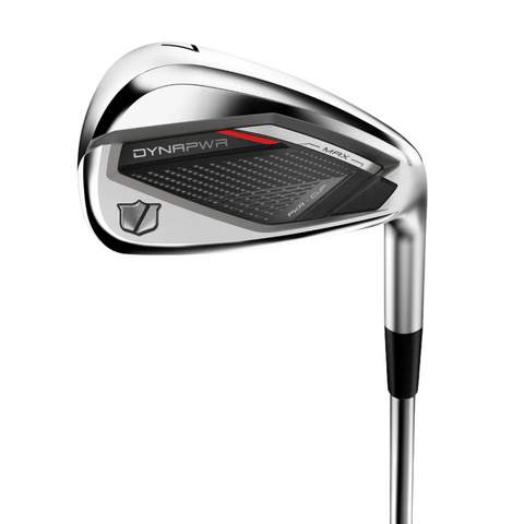 A close-up of the Wilson 2025 Dynapwr Max Womens Graphite Irons Set shows the DYNAPWR branding, black and red accents on the club head, a textured faceplate, and a sleek silver design.