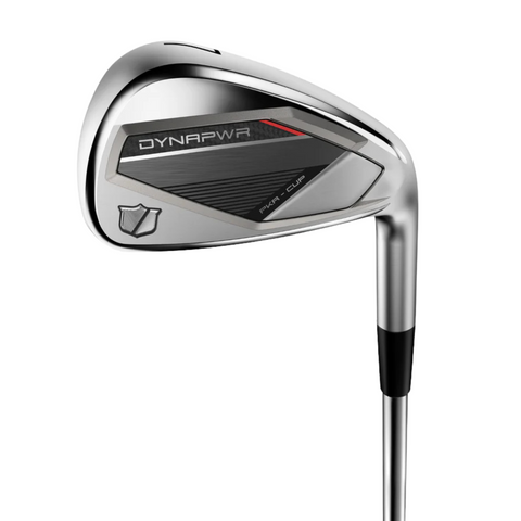 A close-up of the Wilson 2025 Dynapwr Steel Irons Set shows PKR-Cup Face Technology and a black, red, and gray club head design for forgiving irons and enhanced performance.